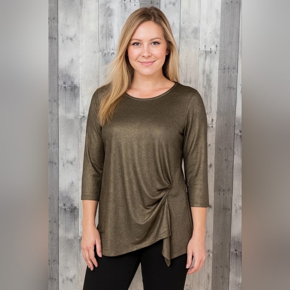 H By Halston Gold Metalic Crew Neck Ruched Side Long Sleeve Top